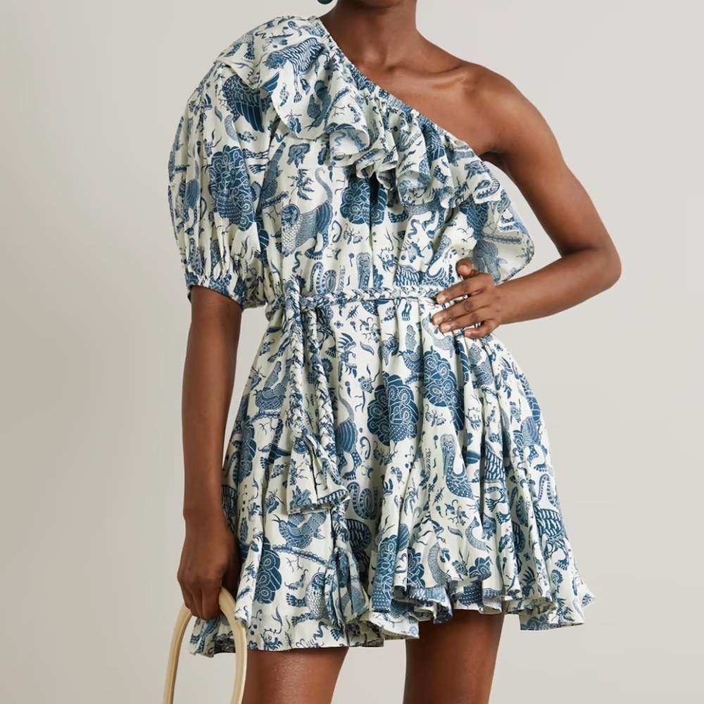 RHODE Ozzie one-sleeve belted printed cotton-poplin mini dress